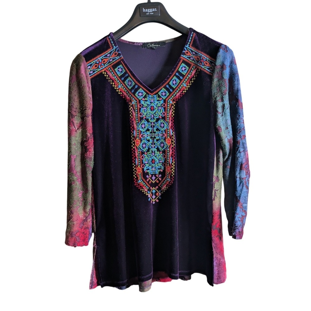 Calessa Dark Boho Velvet Tunic Top Embroidered V-Neck Purple Medium